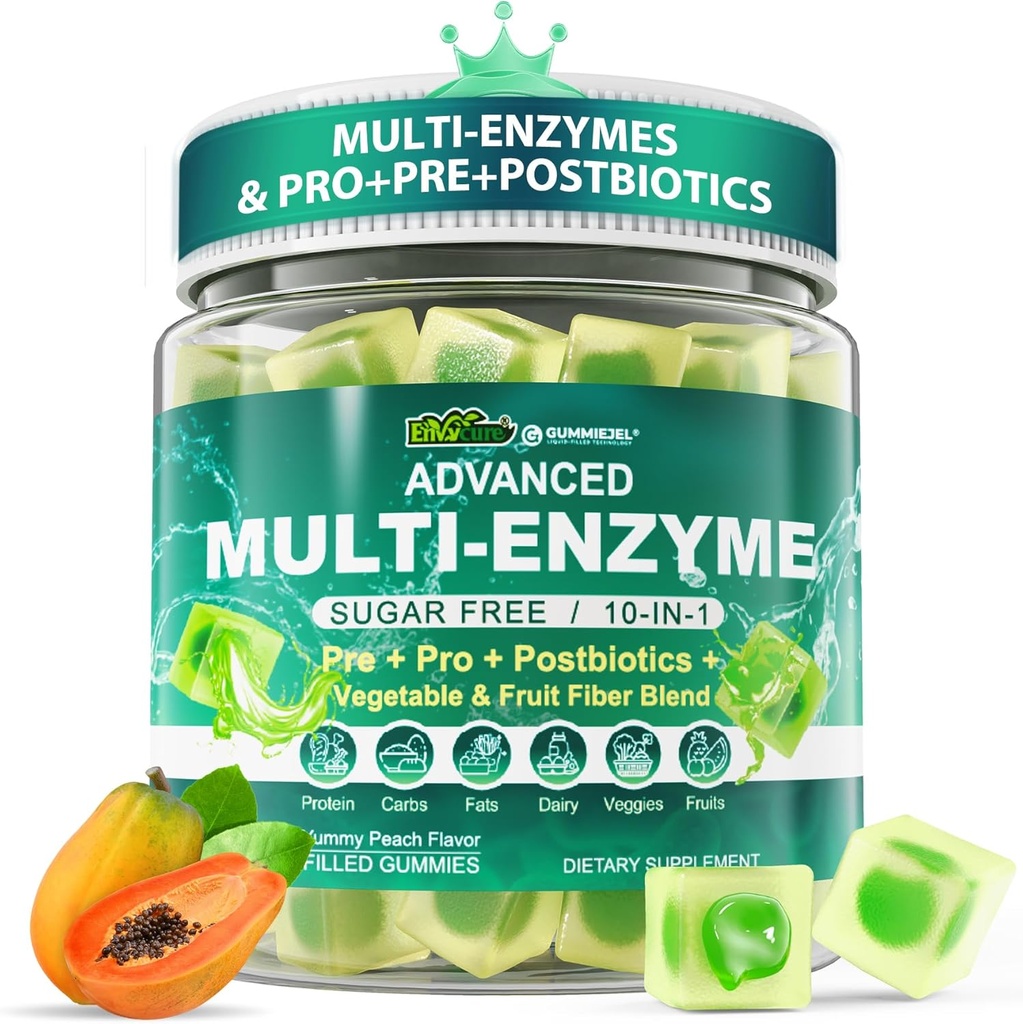 Enzymes digestifs Gummies pour les femmes et les hommes, Multi-enzymes avec 90Billion CFU probiotiques et prébiotiques et mélange de fibre postbiotique, végétale et fruitière, Super enzymes pour la santé digestive et Gut,Immune,60Cts