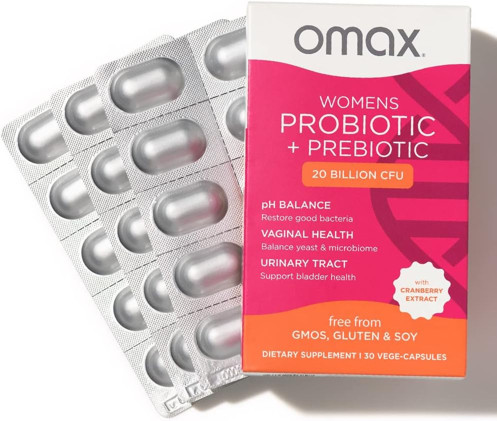 Omax Complexe de prébiotiques et probiotiques pour la santé des femmes, équilibre du pH, santé des vagins, urine, levure et prévention du VB, lactobacillus et bifidobacterium.