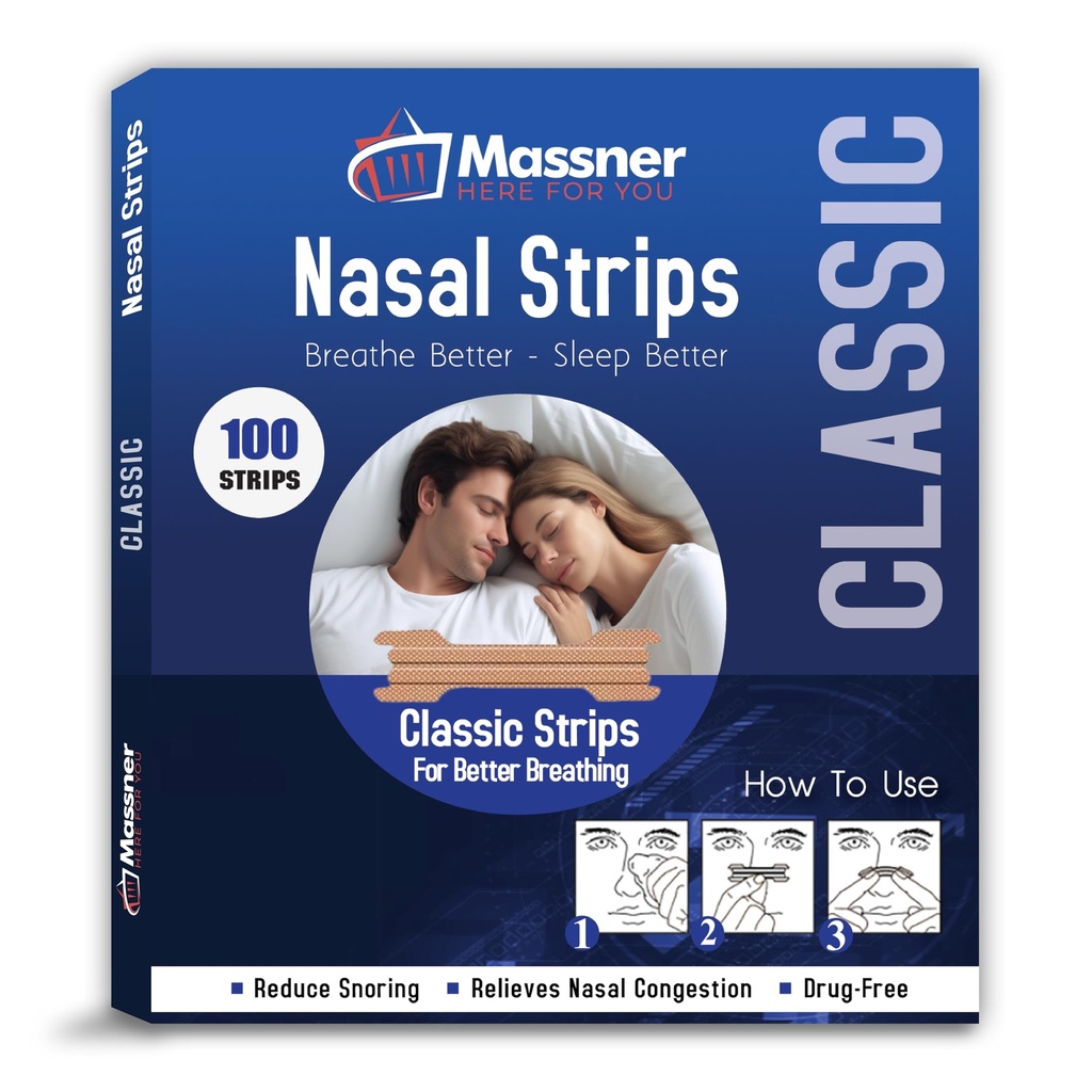 MASSNER Nasal Strips for Snoring, Large 100 Pack - Extra Strength Anti Snoring Solution for Men, Women - Clears Air Way to Breathe Better - Sleep Right, Snore Less - Stuffy Nose Relief for Congestion