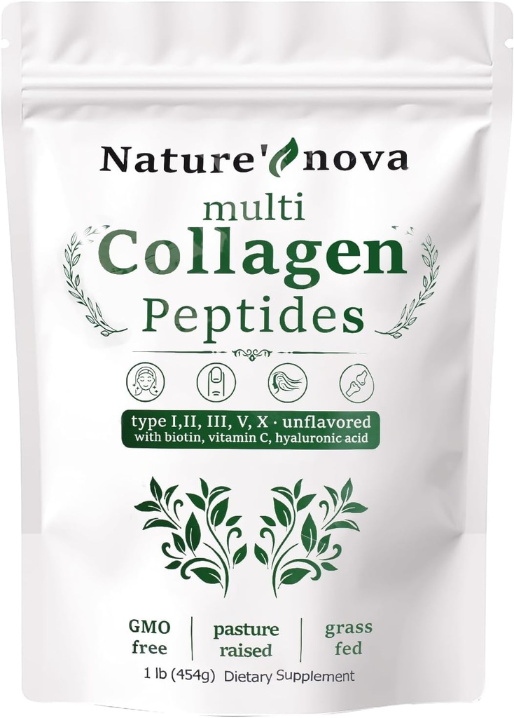 Nature's Nova Multi Collagen Peptides Powder - Type I,II,III,V,X with Biotin, Hyaluronic Acid, Vitamin C - Unflavored, Easily Dissolved, Non-GMO