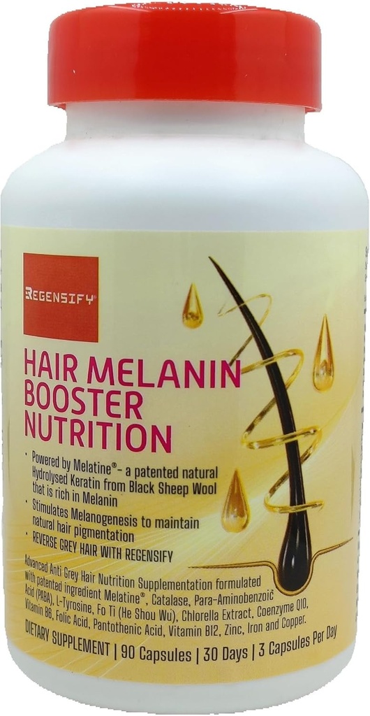 RÉGISSEMENT Hair Melanin Booster Nutrition [Complément anti-gris pour les hommes et les femmes] Melatine®, Catalase, PABA, L-Tyrosine, He Shou Wu, Chlorella Extract, CoQ10, Acide folique, Acide pantothénique]