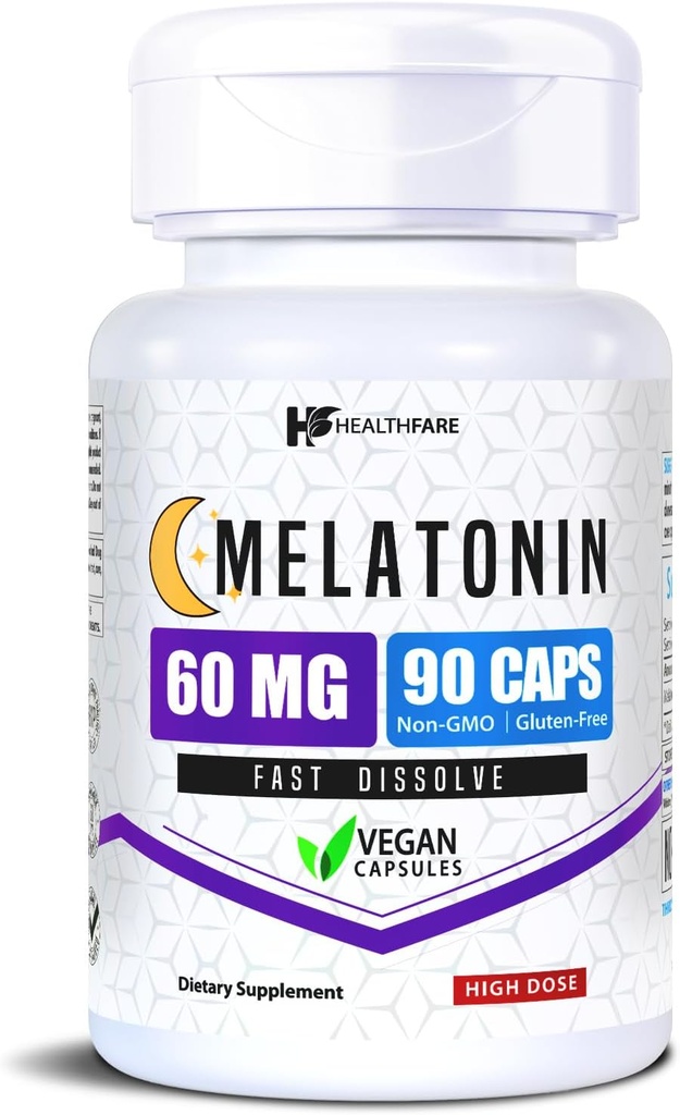 Healthfare Melatonin 60mg.90 Gélules de légumes Formule haute résistance Végétarien, Non-OGM, Sans gluten.