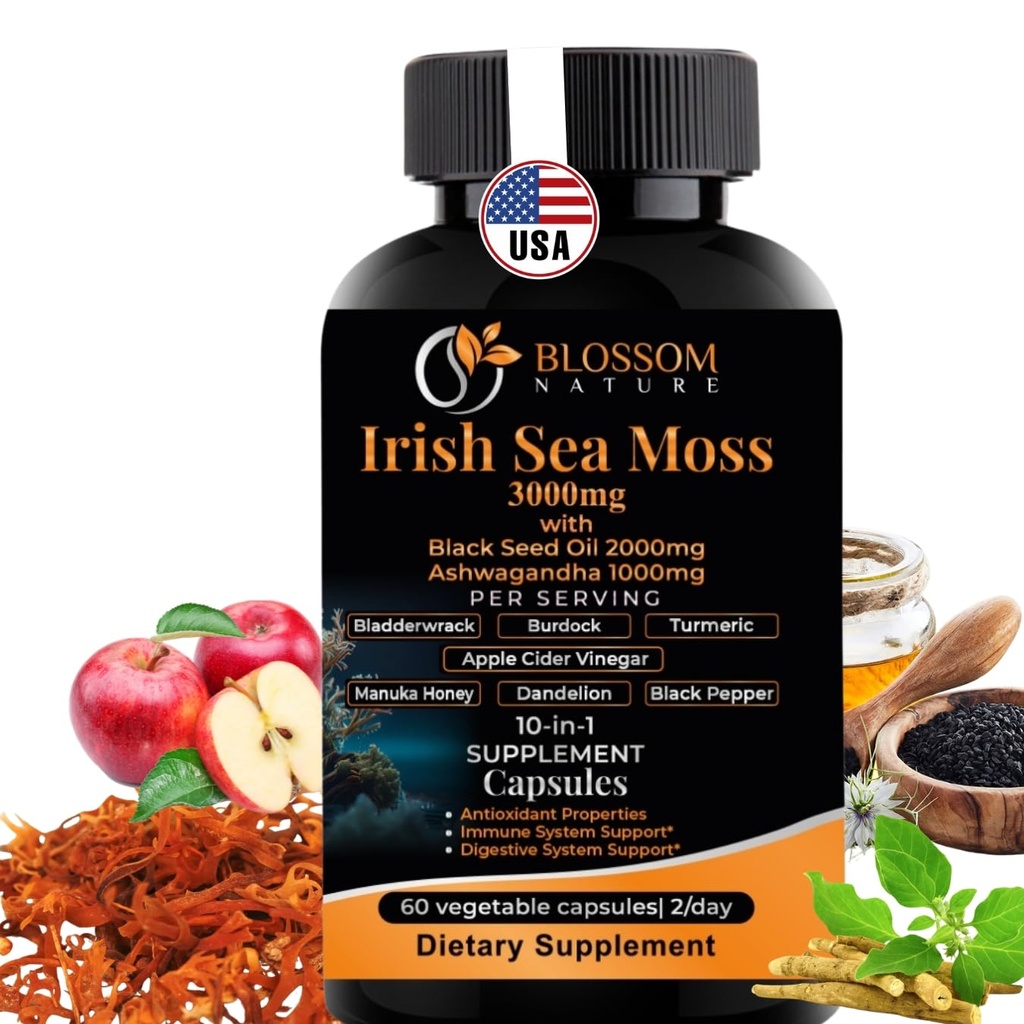 10-en-1 Mer d'Irlande Moss Veggie Caps 3000mg Black Seed Oil Ashwagandha Bladderwrack Burdock Ciseaux Turmeric Apple Cider Vinegar Manuka Honey Dandelion Black Pepper - Fabriqué aux États-Unis (Veggie Caps, non aromatisé)