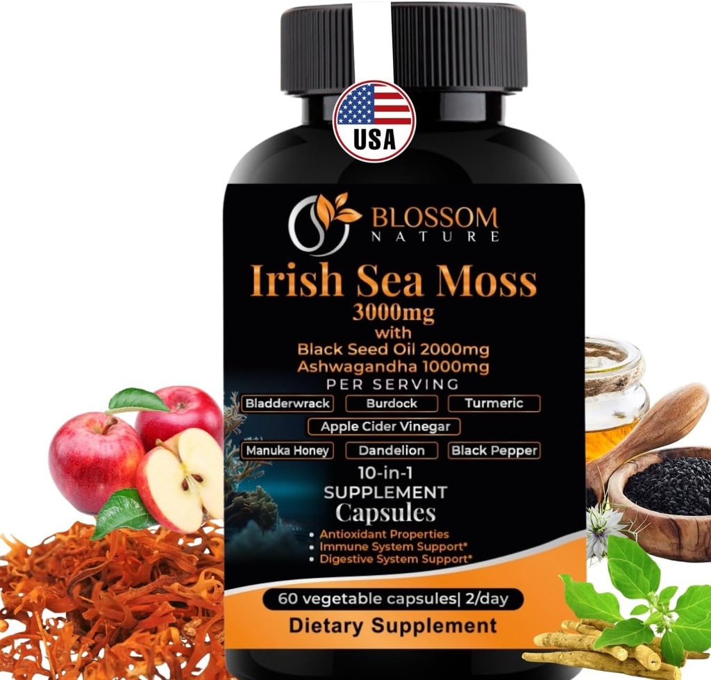 10-en-1 Mer d'Irlande Moss Veggie Caps 3000mg Black Seed Oil Ashwagandha Bladderwrack Burdock Ciseaux Turmeric Apple Cider Vinegar Manuka Honey Dandelion Black Pepper - Fabriqué aux États-Unis (Veggie Caps, non aromatisé)