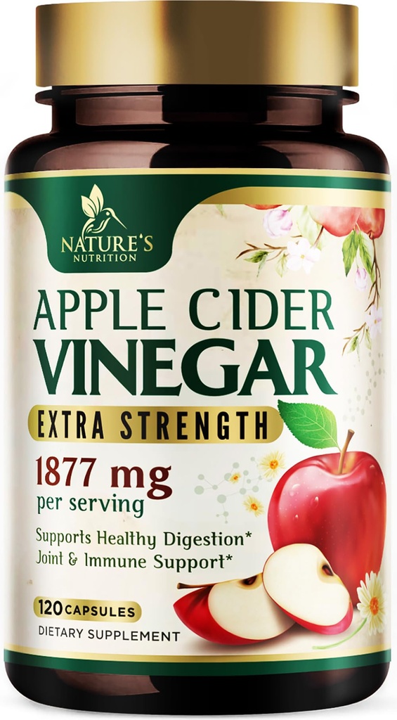Capsules de vinaigre de cidre de pomme 1877mg - Détox extra-fort et nettoyage avec vitamine D et zinc - Pilules de vinaigre de cidre de pomme Premium avec articulation naturelle de digestion et de soutien immunitaire - Supplément végétarien - 120 Capsules