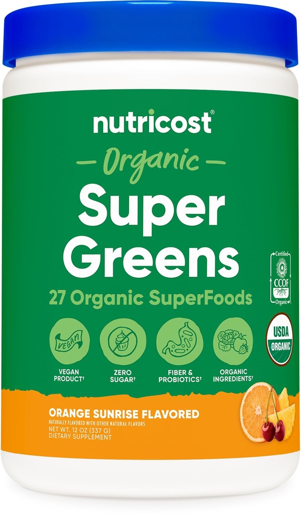 Nutricost Bio Super Greens Poudre (30 portions) Orange Sunrise Saveur - Superfood supplément boisson mélange