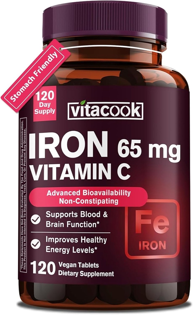 Supplément en fer pour les femmes hommes, fer à haute puissance 65mg avec vitamine C 250mg, pilules de fer amies de l'estomac pour les globules rouges et le soutien immunitaire, sans OGM et sans gluten,120 comprimés végétaliens