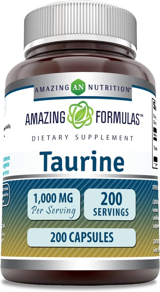 Formules étonnantes Taurine 1000 Mg par portion 200 Capsules Amino Acid Supplement (en anglais seulement) Non-GMO (en anglais seulement)
