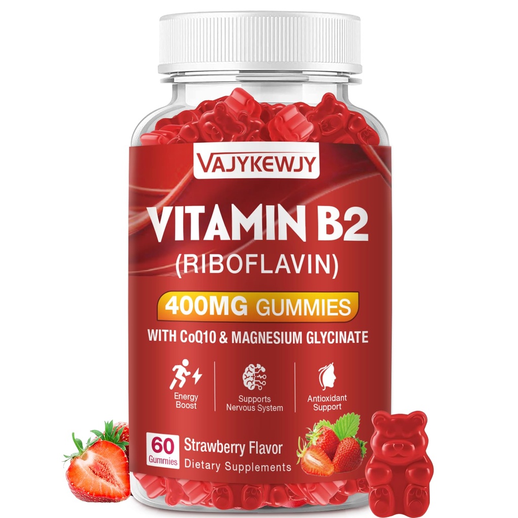 Vitamin B2 Riboflavin 400mg Gummies for Energy & Metabolism Support - Delicious Strawberries Flavor Vegan Gummies - Non-GMO, Gluten Free - 60 Count