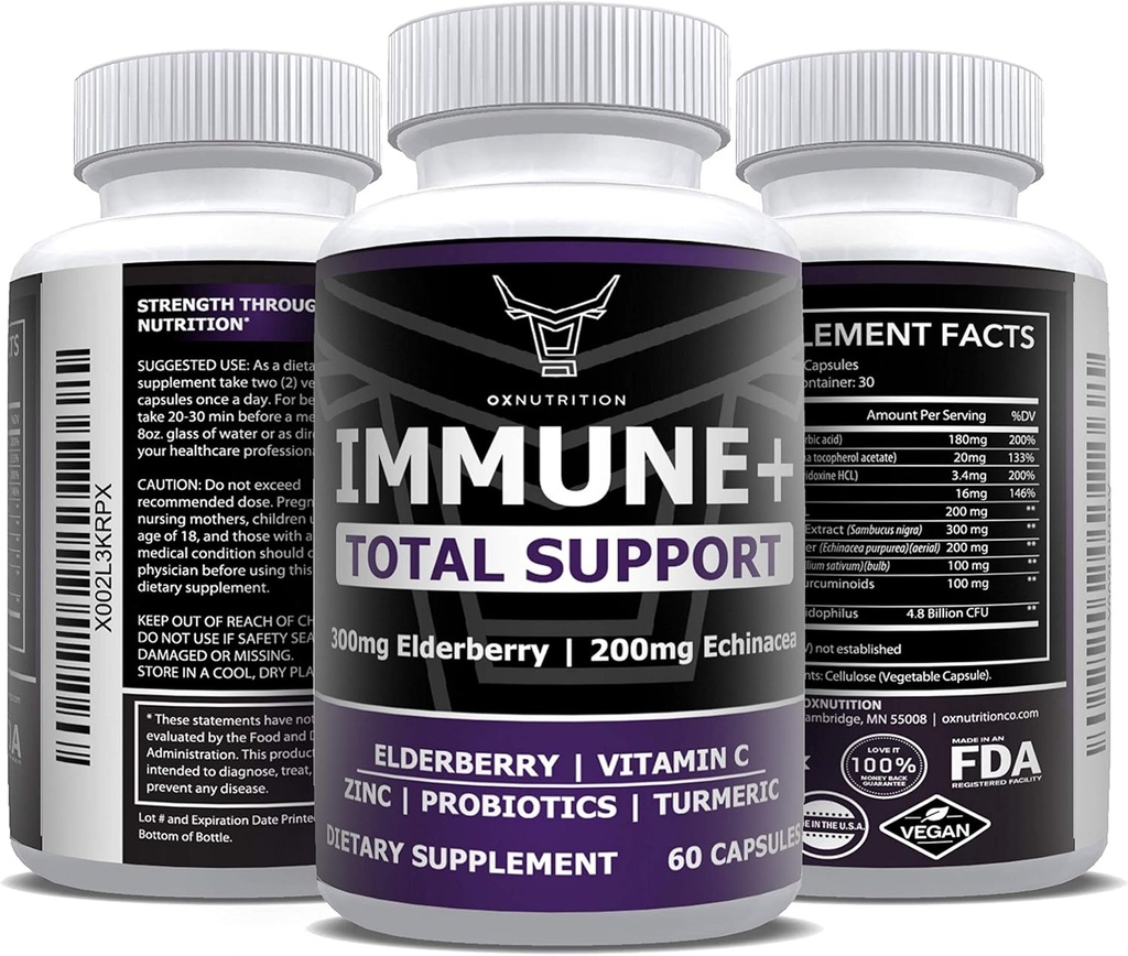 OX Nutrition 10 in 1 Elderberry, Vitamine C, Zinc, Vitamine E, Vitamine B6, Echinacea, Ail, Turmeric, L-Glutamine HCL & Lactobacillus Probiotiques et antioxydants pour la défense immunitaire 1 mois d'approvisionnement