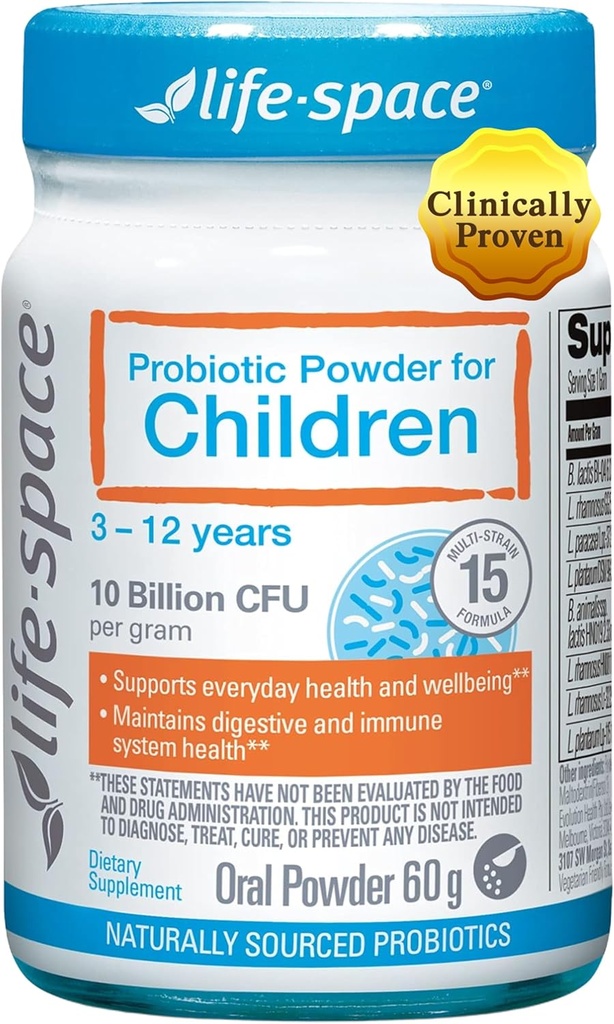 Probiotique Life-Space pour les enfants de 3 à 12 ans,10 milliards d'UFC et de souches multiples, améliorer l'appétit pour soulager Picky, stimuler la santé digestive et immunitaire, soutenir la santé globale des enfants, 60 grammes