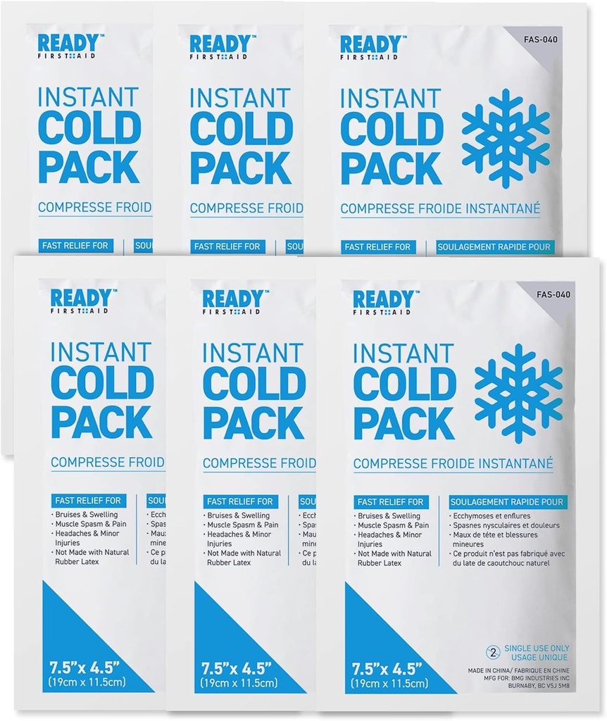 Ready First Aid Instant Cold Packs for Injuries 7.5 x 4.5" (6 Pack, Medium)