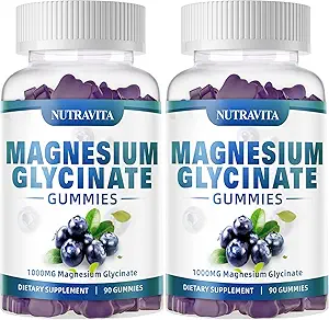 Magnésium Glycinat Gommies 1000mg avec Magnésium L-Thréonate, Supplément complexe de potassium de magnésium chélaté avec VitD, B6, CoQ10, Calcium, Supports pour la mémoire, Calme, Mood - 180 Gummies Blueberry