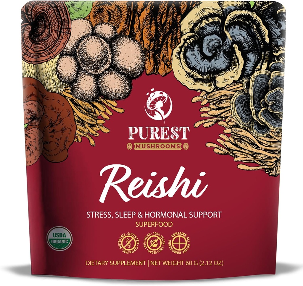 Poudre Reishi - Poudre d'extrait de champignons organiques - Suppléments de champignons pour le soutien immunitaire, le stress, mieux dormir 60g