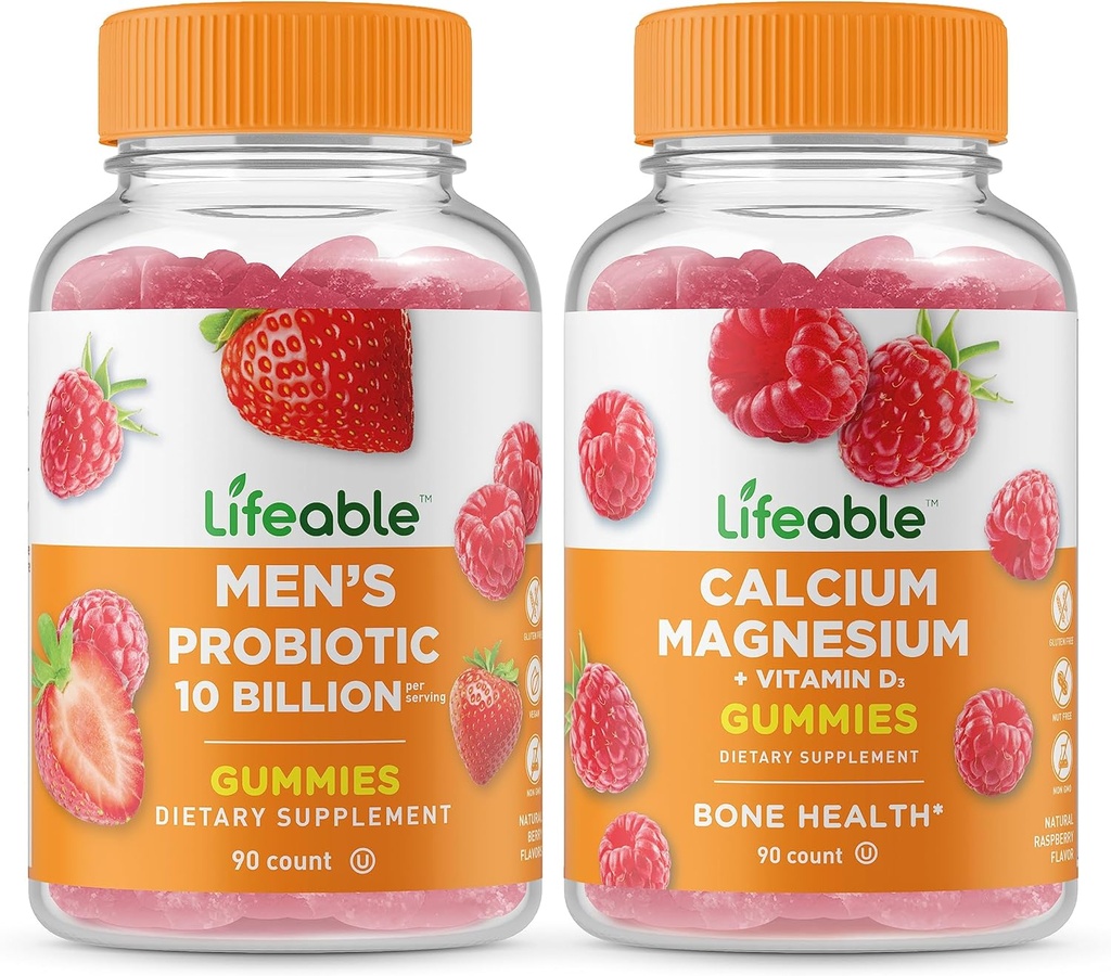 Probiotique pour homme vivace 10 milliards + magnésium de calcium, Gummies Bundle - Grande dégustation, supplément de vitamine, sans gluten, sans OGM, gummy à croquer