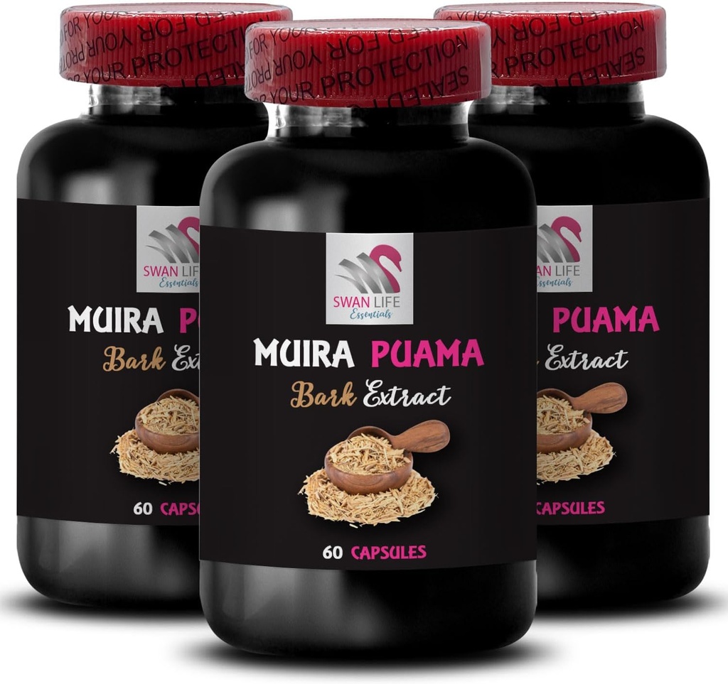 Natural Energy Support - Muira PUAMA BARK Extract - Herbal Awakening, Vitality Boost, Performance Lift, Balanced Strength, Energizing Blend, Energizing Blend, Daily Support 3 Bottles 180 Capsules