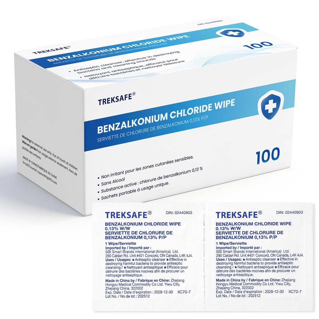 BZK Wipes, Antiseptic Towelettes, Moist Sanitizing Towelettes Designed to Help Clean Minor Wounds, Disposable & Individually Wrapped, 1 Box of 100, with DIN02440903 (4cm*6cm)