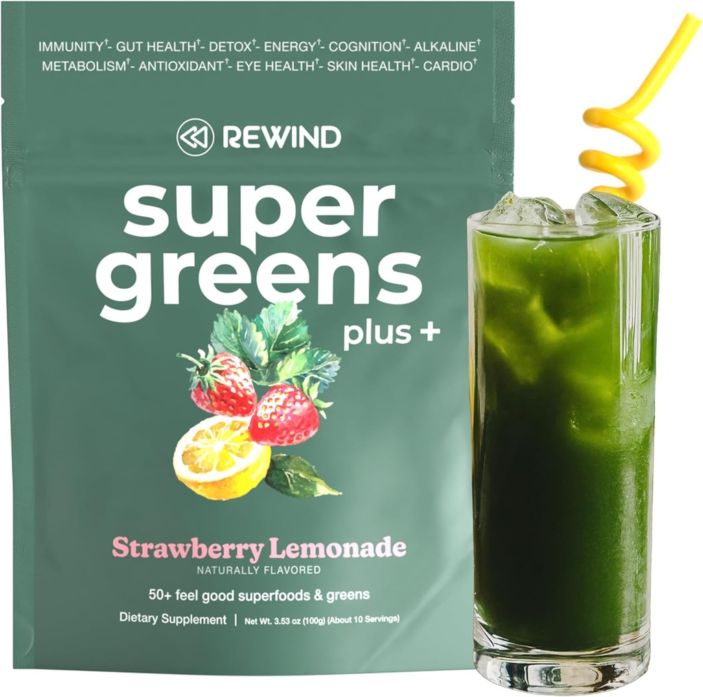 Super Greens Powder with 50+ Superfoods – Daily Green Juice for The Whole Family – Delicious Green Powder Drink Mix – Strawberry Lemonade Flavor - 10 Servings