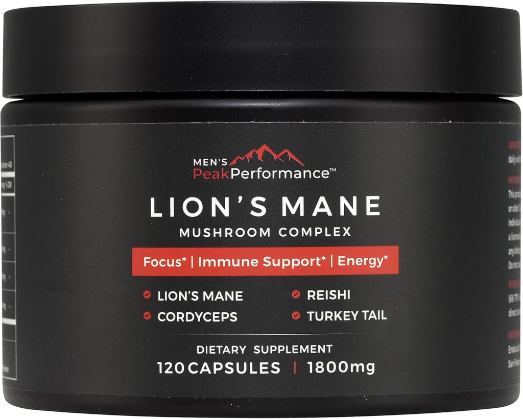 MEN'S PeakPerformance Lion's Mane Mushroom Supplement Capsules with Reishi, Cordyceps, Turkey Tail – Brain Nootropic for Memory, Focus, Natural Energy, & Immune Support Supplement (120 Capsules)