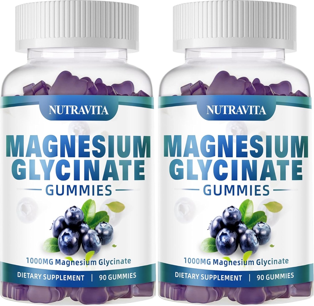 Magnésium Glycinat Gommies 1000mg avec Magnésium L-Thréonate, Supplément complexe de potassium de magnésium chélaté avec VitD, B6, CoQ10, Calcium, Supports pour la mémoire, Calme, Mood - 180 Gummies Blueberry