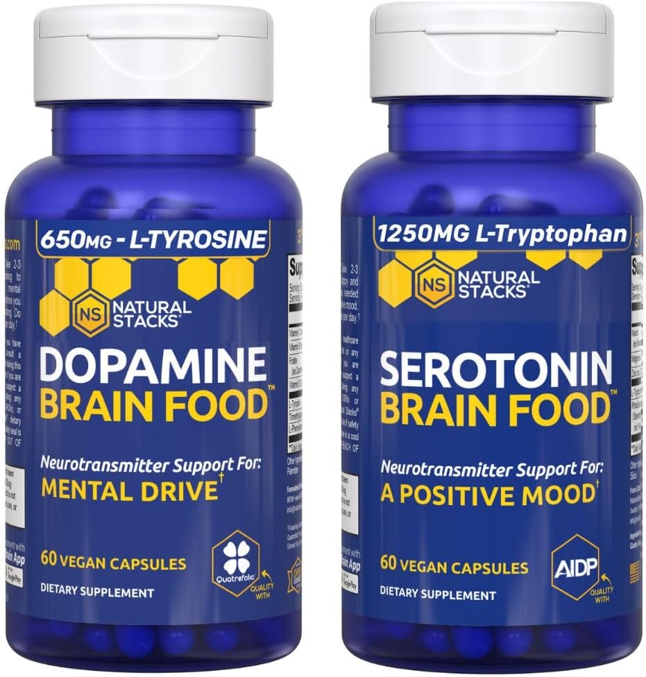 STACKS NATURELS Sérotonine Cerveau Alimentation + Dopamine Cerveau Alimentation - Soutient une humeur positive et une conduite mentale* - 120 Capsules totales