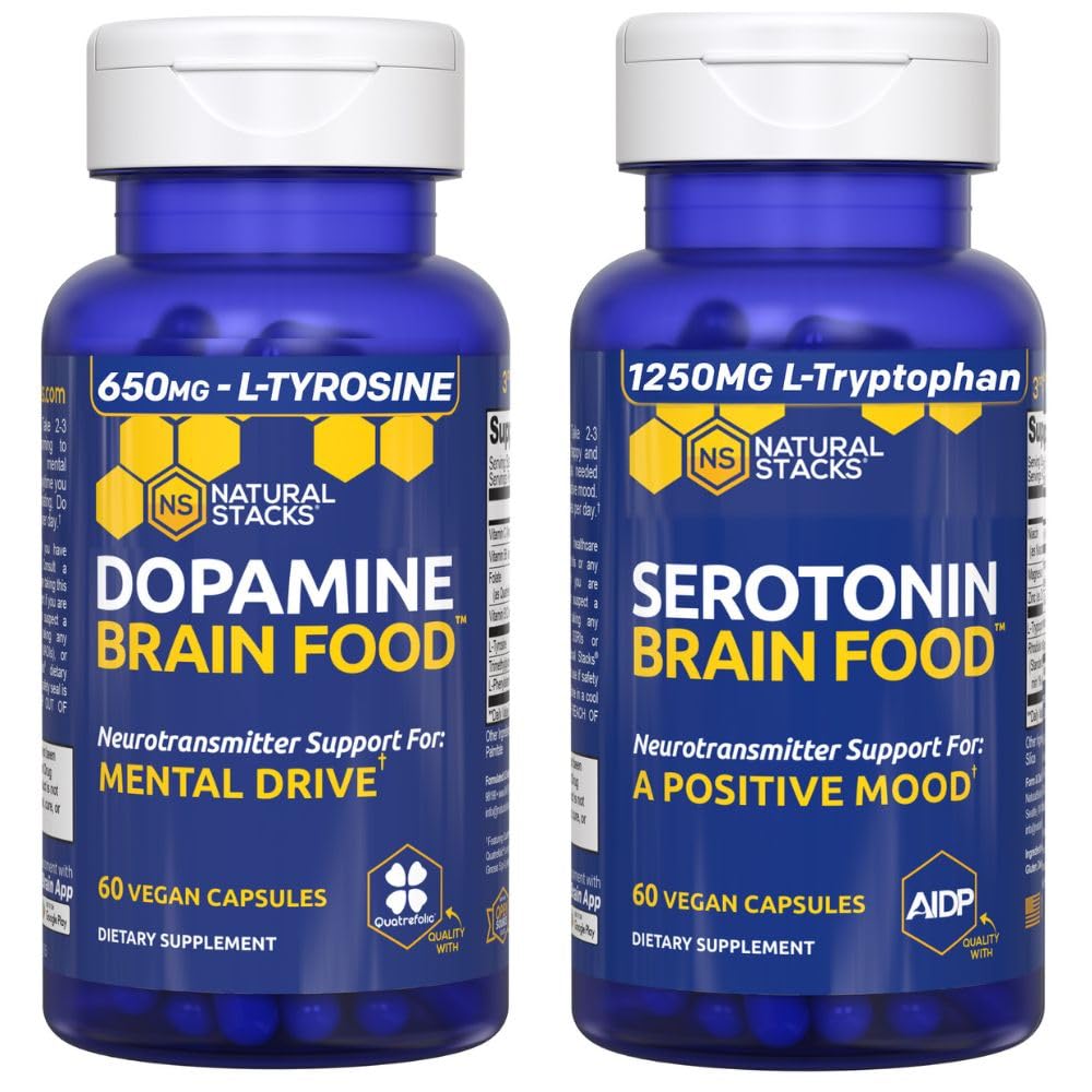 STACKS NATURELS Sérotonine Cerveau Alimentation + Dopamine Cerveau Alimentation - Soutient une humeur positive et une conduite mentale* - 120 Capsules totales