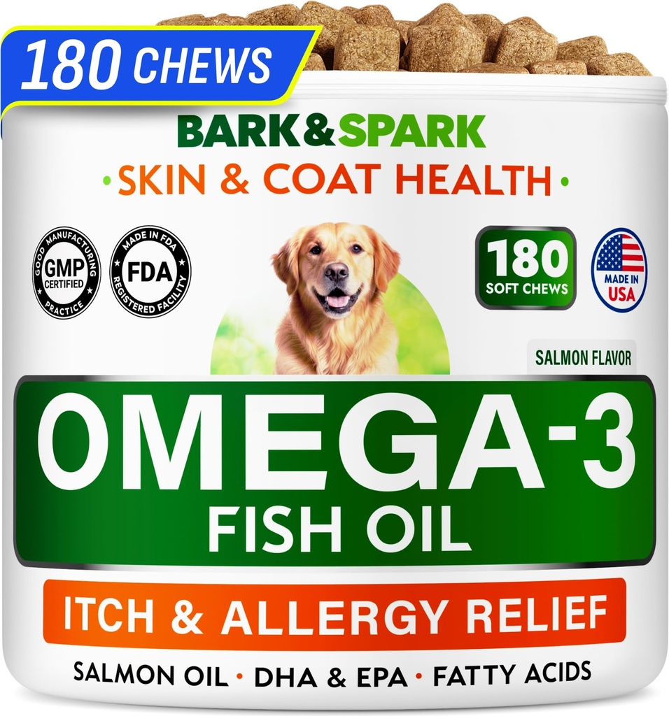 BARK&SPARK Omega 3 pour les chiens - 180 traitements à l'huile de poisson pour l'échouement des chiens, l'allergie cutanée, le soulagement des démangeaisons, le traitement des taches chaudes - Santé articulaire - Supplément de peau et de manteau - ADP et ADH Acides gras - Huile de saumon