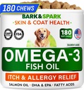 BARK&SPARK Omega 3 pour les chiens - 180 traitements à l'huile de poisson pour l'échouement des chiens, l'allergie cutanée, le soulagement des démangeaisons, le traitement des taches chaudes - Santé articulaire - Supplément de peau et de manteau - ADP et ADH Acides gras - Huile de saumon