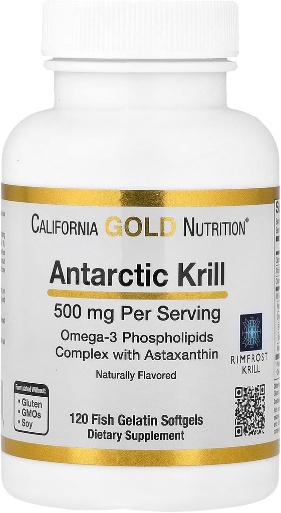 California Gold Nutrition Antarctic Krill Oil, ultra-haut Omega-3 avec astaxanthine, fraise naturelle et saveur de citron, non OGM, sans gluten, 500 mg, 120 Poissons softgels gélatine, 2 Pack