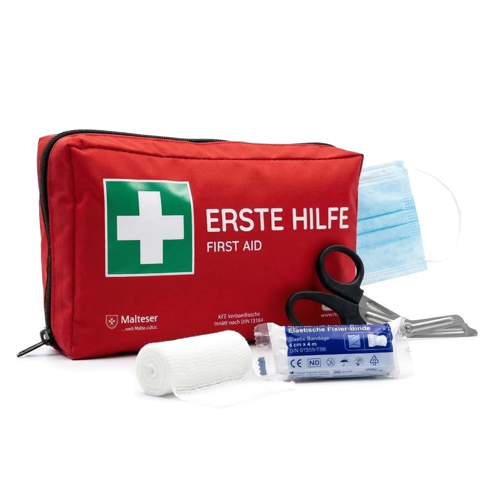 Car First Aid Bag 2026 [Valid throughout Europe] According to StVZO | Current DIN 13164:2022 Certified | Includes 2 Medical Face Masks | First Aid Kit / Box / First Aid Kit for Car/Car/Motorcycle (1 ×
