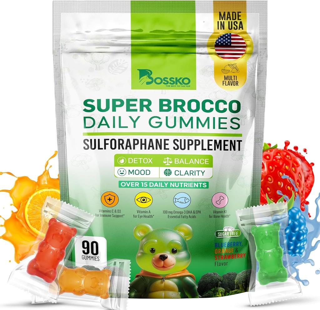 Bossko Sulforaphane Gummies avec Omega-3 – Extrait de Sprout de brocoli, EPA/DHA et antioxydants – Santé cellulaire et soutien de l'humeur – 90 Gummies végétaliennes – Arômes de baies mixtes – Sans sucre
