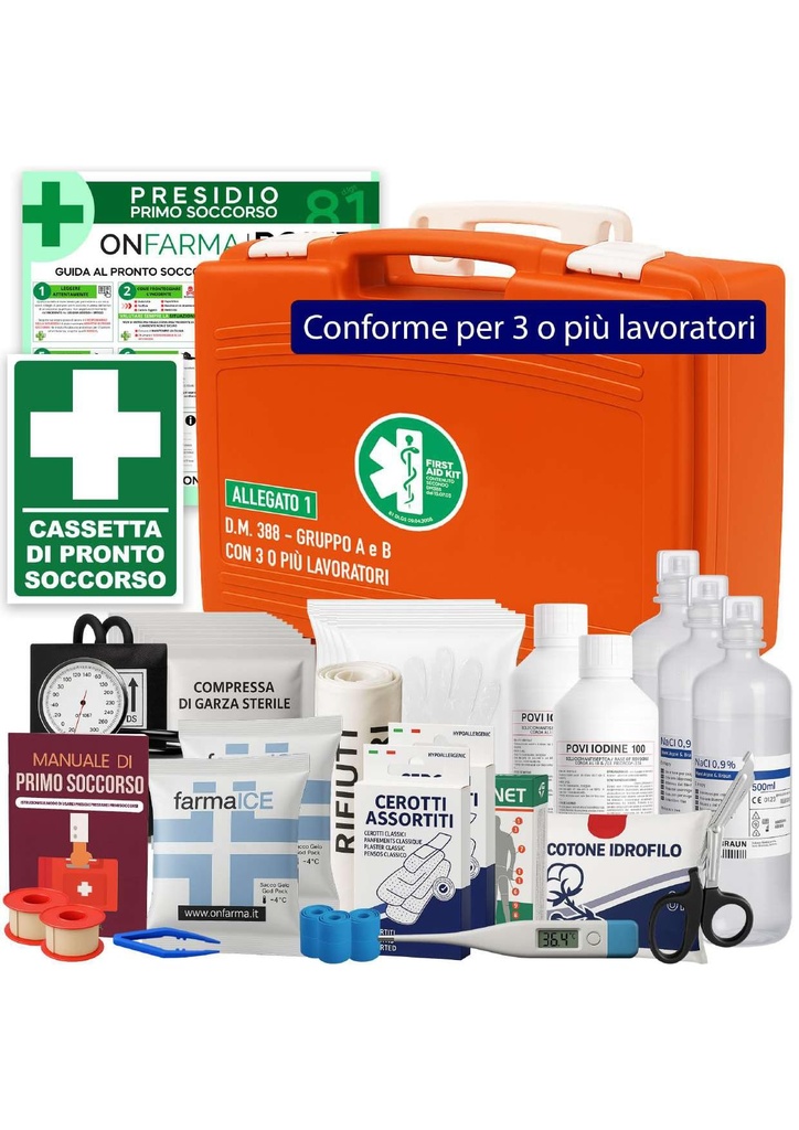 ONFARMA MEDIBOX2 First Aid Medical Cassette Complete with Wall Support Pressure Meter and First Aid Sign – Compliant with DM 388 Attachment 1 for Companies with 3 or More Workers