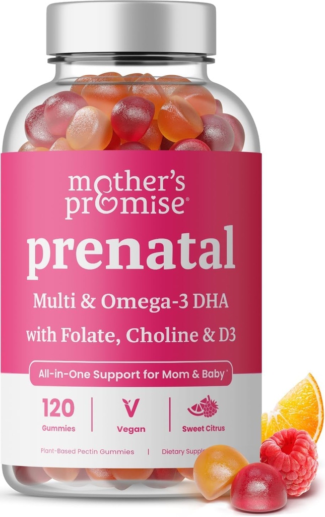 Vitamines prénatales Gommies avec la DHA de Vitamines prénatales véganes pour les femmes avec Omega 3, Méthylfolate, Choline et D3, Vitamines de grossesse pour le développement foetal de Vitamines gommy, 120 Nombre