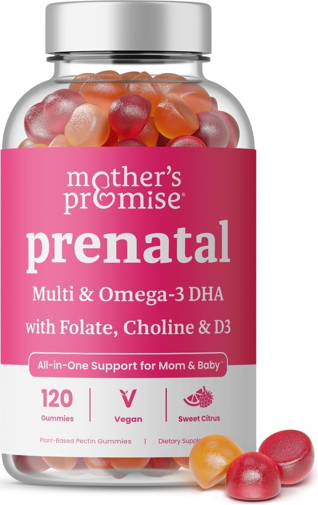 Vitamines prénatales Gommies avec la DHA de Vitamines prénatales véganes pour les femmes avec Omega 3, Méthylfolate, Choline et D3, Vitamines de grossesse pour le développement foetal de Vitamines gommy, 120 Nombre