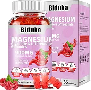 900mg Magnésium complexe 65 Gommies de framboise, sans sucre Magnésium Glycinate et supplément potassique L-Thréonate avec vitamine D, B6, CoQ10 pour la relaxation