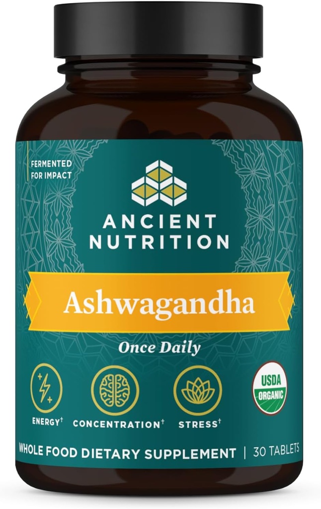Alimentation ancienne Comprimés Ashwagandha, soulagement du stress, soutient l'énergie, la clarté mentale et la concentration, réduit la fatigue et l'anxiété, Paléo et Keto Friendly, 30 capsules