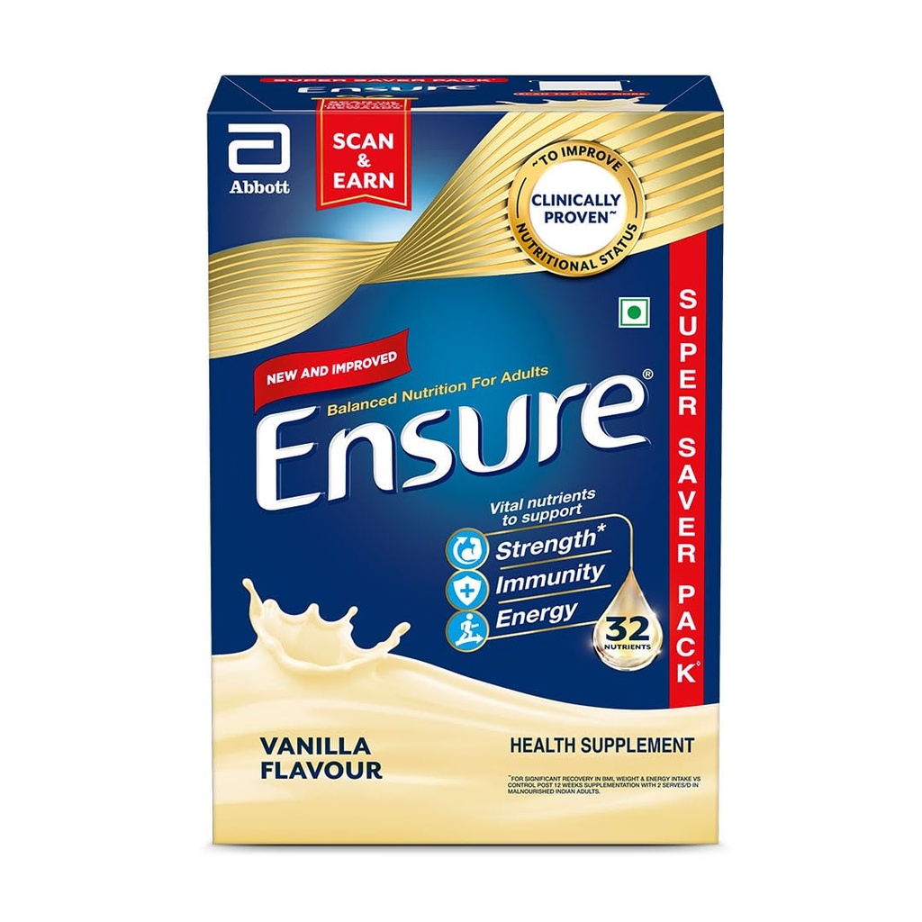 Ensure No 1 Nutritional Supplement Drink in the world, 32 nutrients High Protein,Calcium,Vit D, Vanilla 950g/1kg, Wt may vary, Powder, 1 count, 35 servings