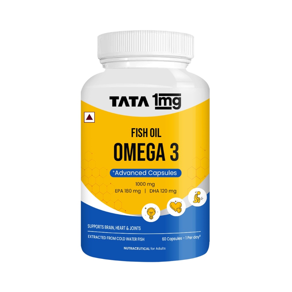 Tata 1mg Fish Oil Capsules with EPA (180mg) & DHA(120mg) for Hearth and Bone Health Skin & Hair Health, For Men/Women, No Fishy Burps,Non-GMO(Pack of 60)…