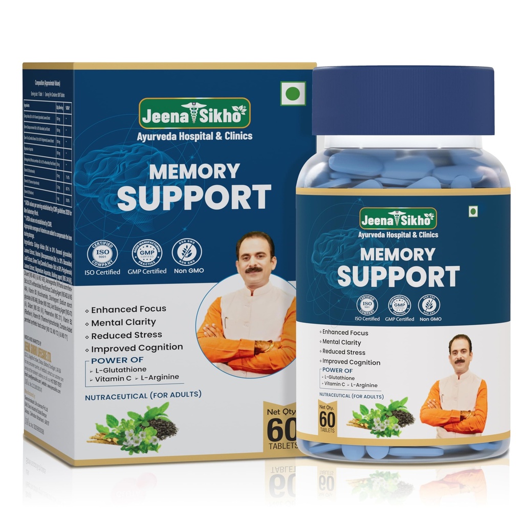 Jeena Sikho Memory Support Tablets | Brain Health Formula with Brahmi, Ginkgo Biloba, Green Tea and B-Vitamins | Improves Concentration, Brain Sharpness | Stress Relief, 60 Tablets, Pack of 1