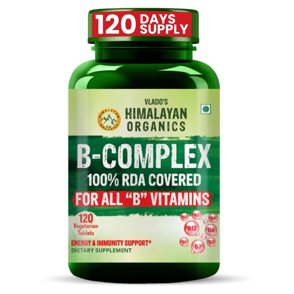 Vlado’s Himalayan Organics Vitamin B Complex with 100% RDA B1, B2, B3, B5, B6, B7, B9 & B12 | Hair Growth, Energy & Immunity | Youthful Skin - 120 Veg Tablets
