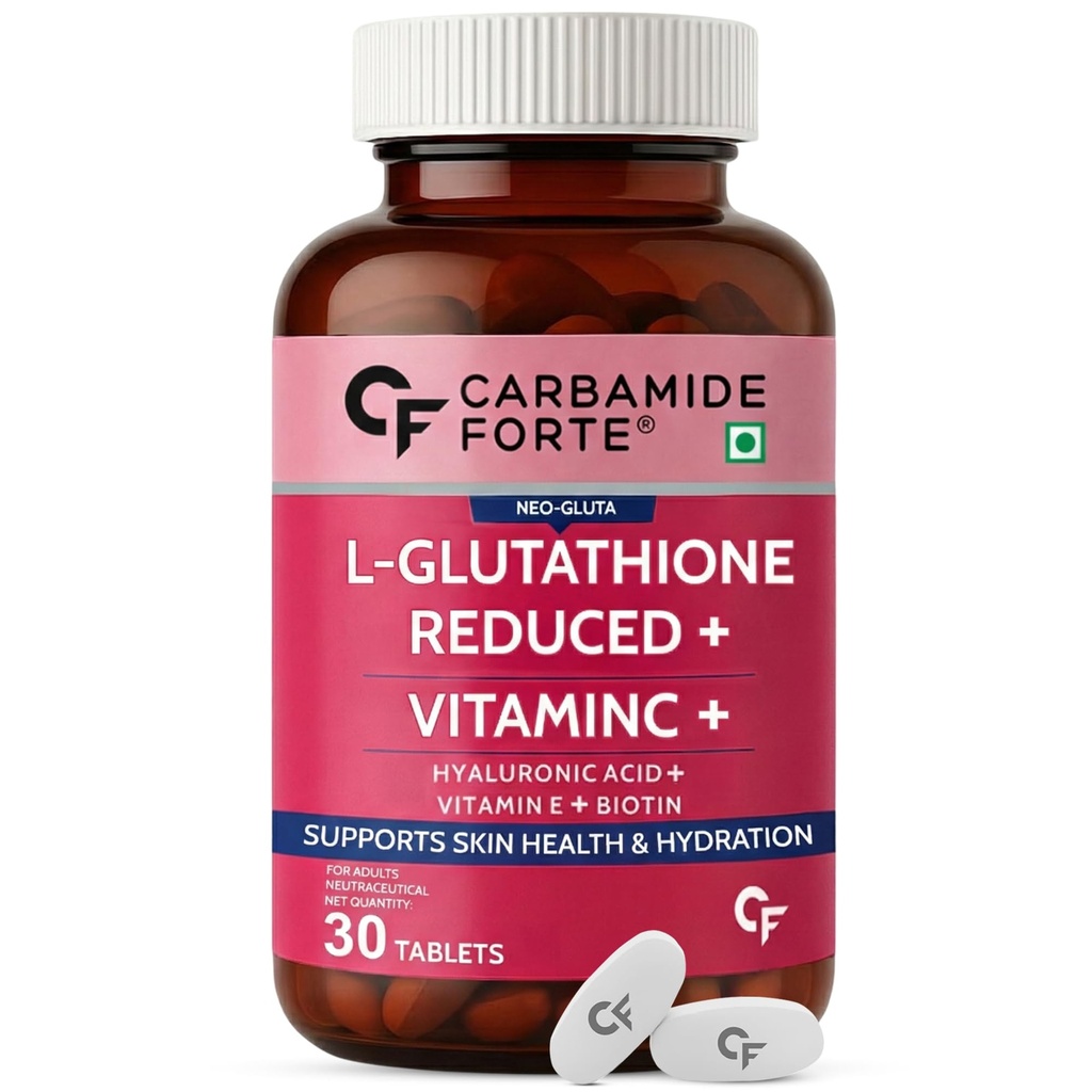Carbamide Forte Japanese Reduced L-Glutathione Tablets 500mg | Glutathione Supplement with Vitamin C, Hyaluronic Acid, Biotin, Lycopene & Vitamin E | Glutathione Tablets for Skin Glow, Even Skin Tone & Antioxidant Support | 30 Veg Tablets