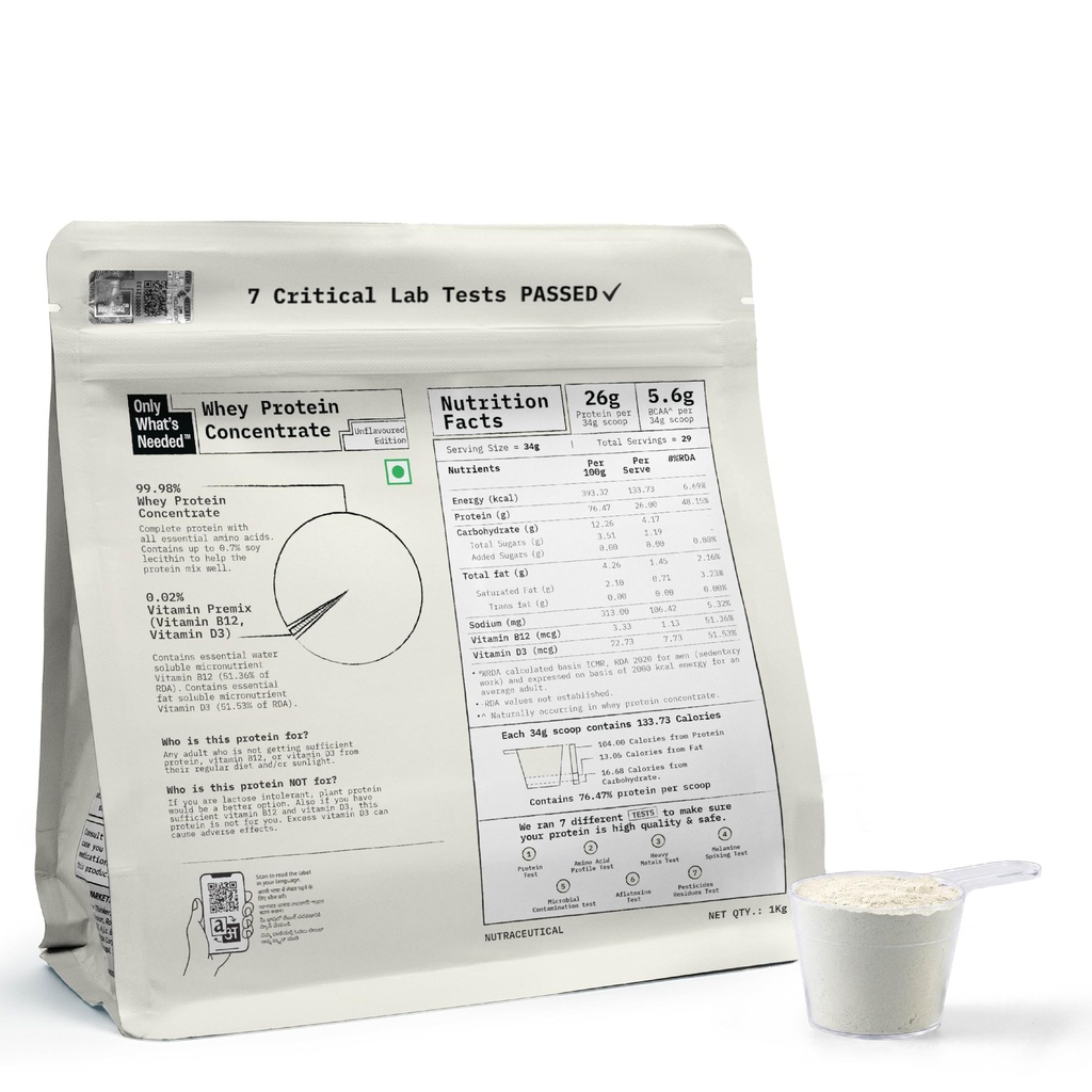 ONLY WHAT'S NEEDED By Food Pharmer | OWN Unflavoured Edition | Whey Protein Concentrate 1kg | 26g Protein per Scoop | No Added Sugar | No Added Flavours | No Artificial Sweeteners | Lab Tested | 29 Servings