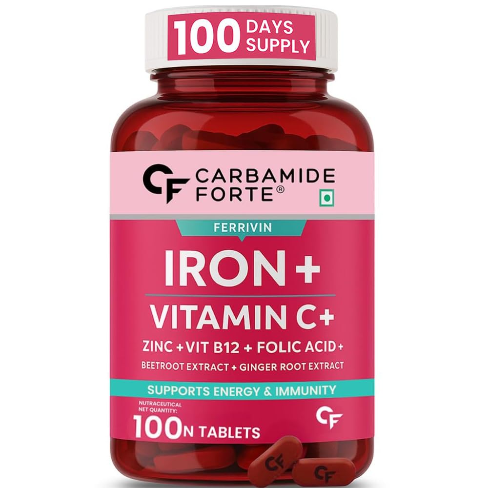 Carbamide Forte Iron Supplement for Women | Folic Acid Tablets with Vitamin C, B12, Zinc | 100 Veg Iron Tablets for Women