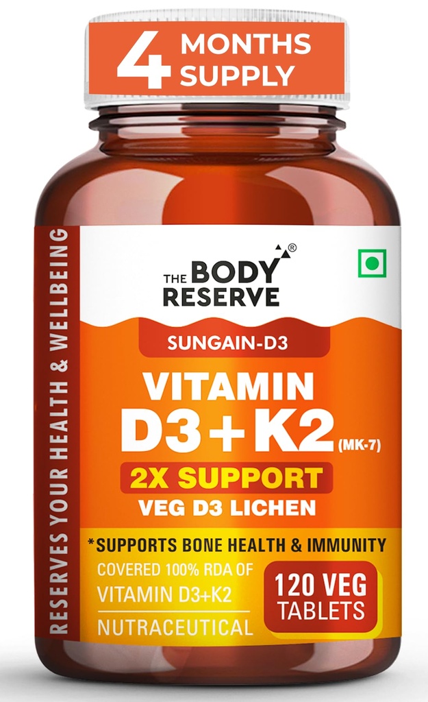 The Body Reserve Vitamin D3 K2 MK7-120 Veg Tablets, 100% RDA Plant-Based Vitamin D3 Supplement from Lichen Source with Vitamin K2 as MK7 Menaquinone