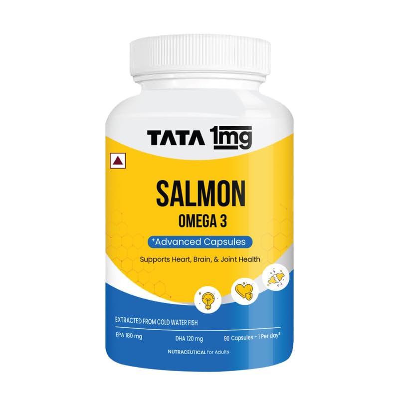 Tata 1mg Salmon Omega 3 Fish Oil Supplements 1000mg - 90 Capsules | Triglyceride form | 180mg EPA & 120mg DHA | High Absorption for Heart,Brain & Joints | Helps Manage Cholesterol