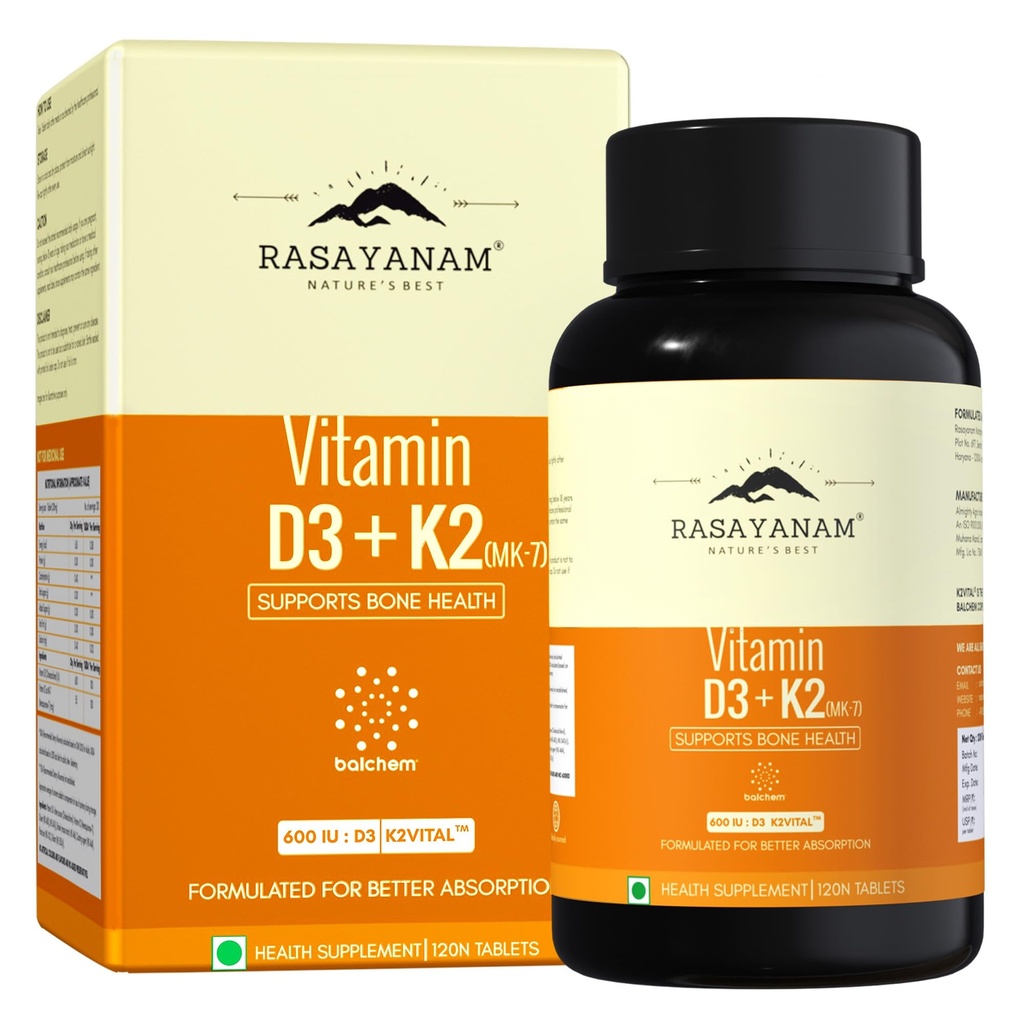 Rasayanam Vitamin D3 K2(MK-7) | 100% Vegan Vitamin D3 | Superior K2(MK-7) from Balchem, USA | For Calcium Utilization, Bone Strength & Heart Health | D3 Supplement For Immunity | 120 Veg Tablets