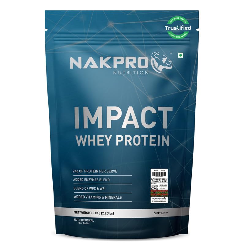 NAKPRO NUTRITION Impact Whey Protein Isolate & Concentrate | 1 kg | 24g Protein | Double Rich Chocolate | Trustified Certified | Added Digestive Enzymes, Vitamins & Minerals
