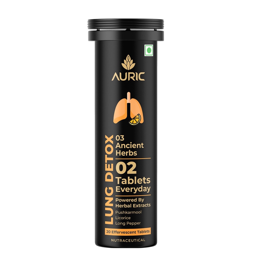 Auric Lung Detox Supplement Pack of 20 Tablets | Natural Blend of NAC (N acetyl L cysteine), Pushkarmool, Piper Longum & Licorice Herbs Extract | Resp 365
