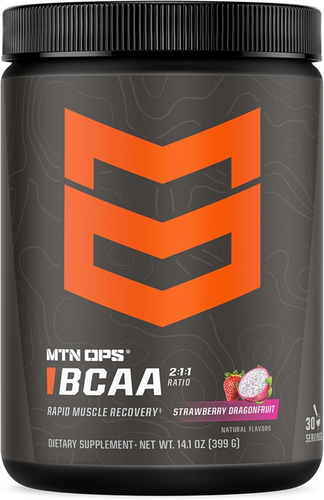 MTN OPS BCAA 2:1:1 Amino Acids Supplement Powder for Rapid Muscle Recovery & Repair with Zero Sugar & Gluten Free (30-Serving Tub, Strawberry Dragonfruit)