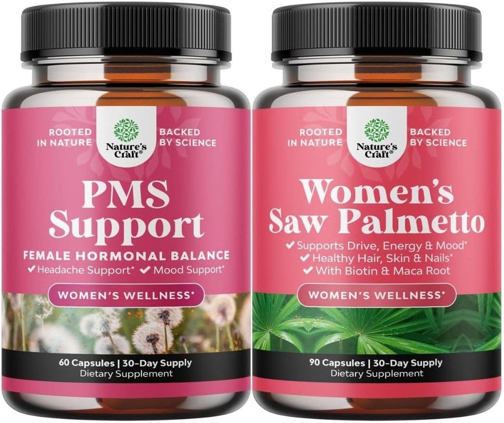 Ensemble de PMS Support et Saw Palmetto pour les femmes - Hormone Balance avec DIM, Chasteberry, Black Cohosh & Ashwagandha pour les crampes d'époque et extrait de Saw Palmetto avec Maca Root & Biotin pour la perte de cheveux